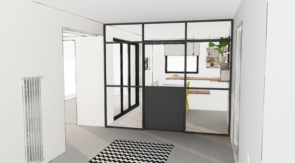 visuel 3D du nouvel espace redessiné par le studio superstrate. Entrée séparée de la cuisine par une verrière acier noir et bois de chêne sur-mesure, prestation Conseil en décoration et architecture intérieur à Toulouse