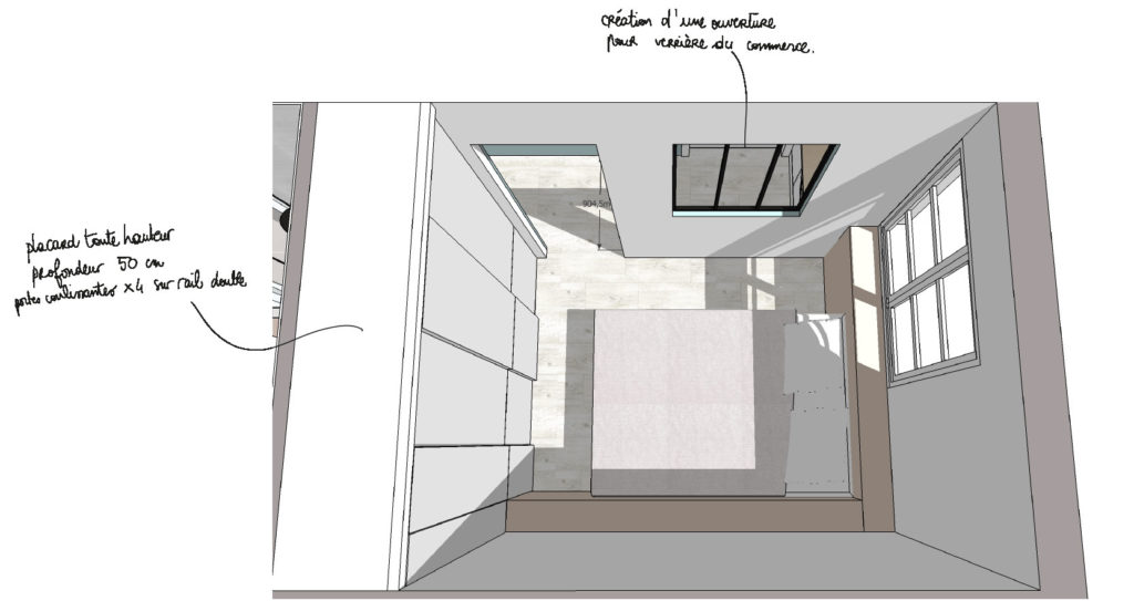 optimisation des m² et restructuration d'un appartement parisien destiné à la location pour un investisseur spécialisé ds le haut rendement locatif prestation architecure d'intérieur design d'espace et visuels 3D réalisé par le studio superstrate Toulouse