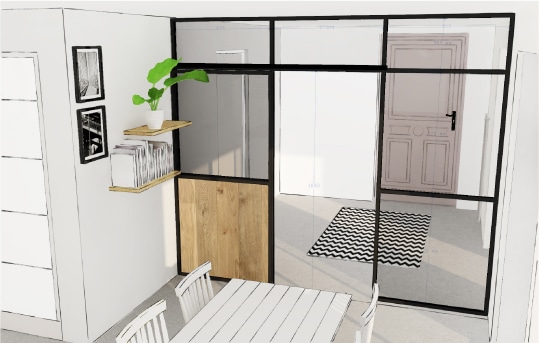 visuel 3D du nouvel espace redessiné par le studio superstrate. Entrée séparée de la cuisine par une verrière acier noir et bois de chêne sur-mesure, prestation Conseil en décoration et architecture intérieur à Toulouse
