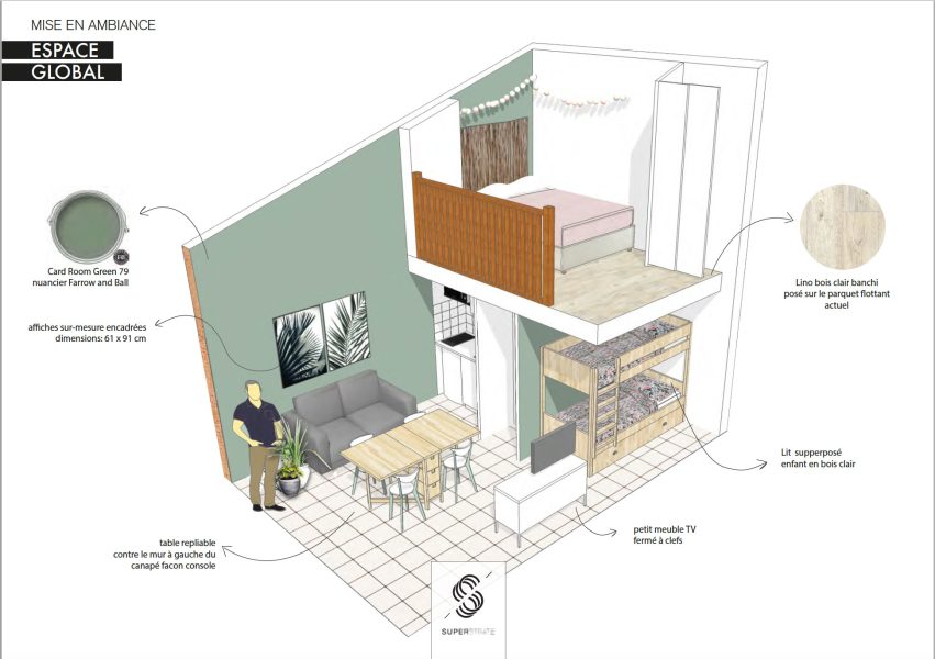 architecture d'intérieure revalorisation et optimisation des m² pour optimisier le rendement de ce bien en vue d'une location saisonnière, prestation design d'espace et architecture intérieur par le studio superstrate, Toulouse